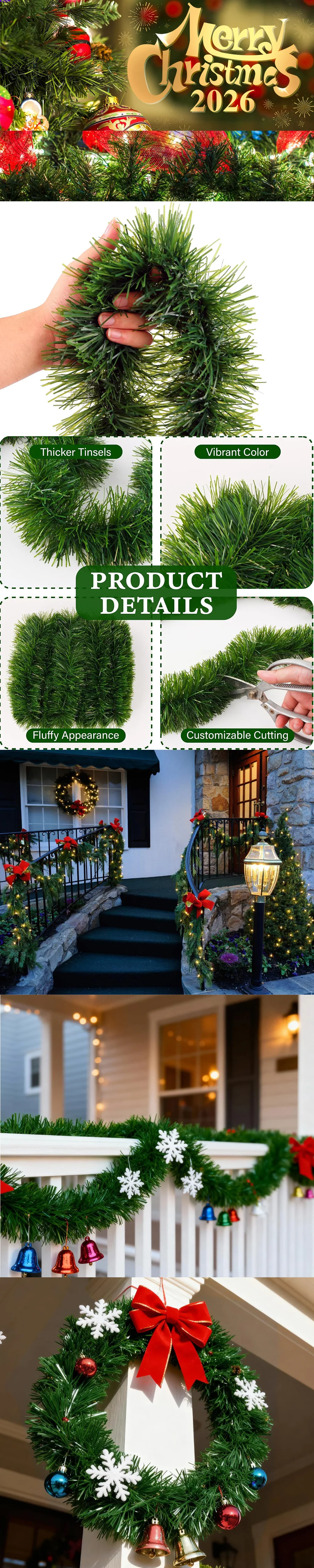 5,5 m Weihnachtsgirlande, künstliches Rattan für Zuhause, Weihnachtsdekoration, Weihnachtsbaumschmuck, Neujahr, Outdoor, Innenbereich, DIY-Dekoration – Detail 3