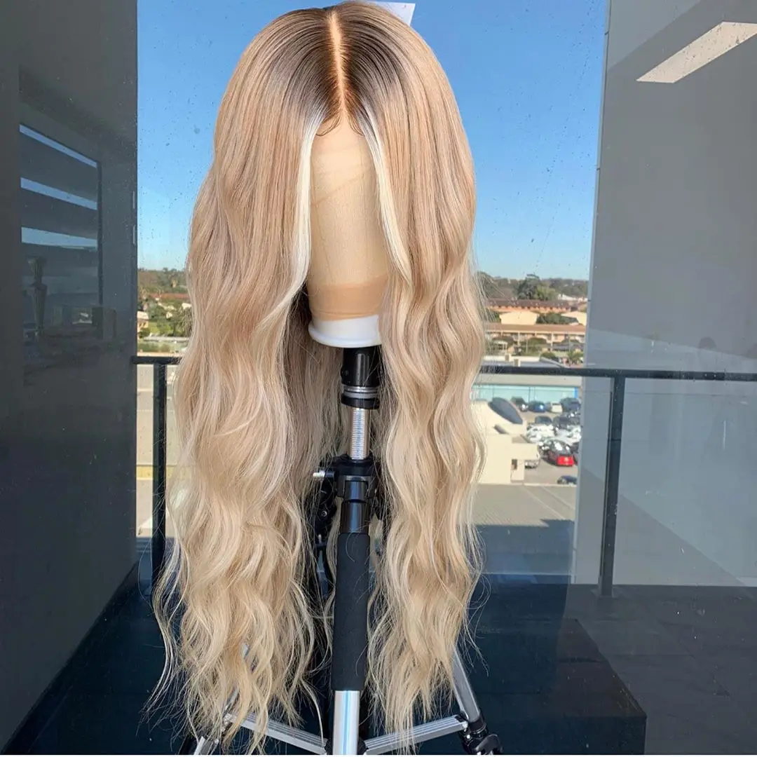 Ombre Blonde Synthetic Lace Front Wig 13x4 HD Lace Wigs for Women Pre-Plucked Hairline with Baby Hair Cosplay Party Use Wig