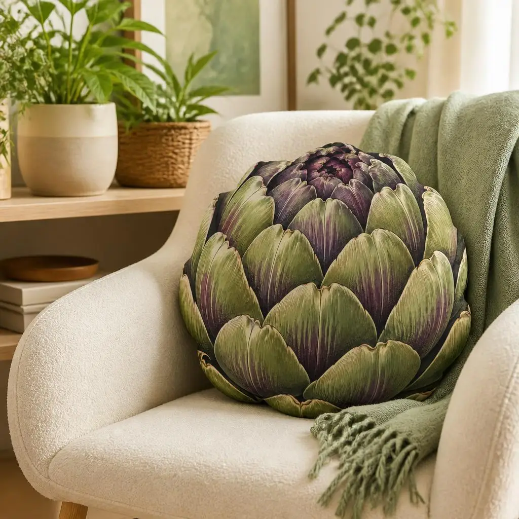 Botanical Artichoke Shaped Throw Pillow Green Vegetable Cushion Stuffed Floor Pillow Farmhouse Kitchen Decor Food Lover Gift