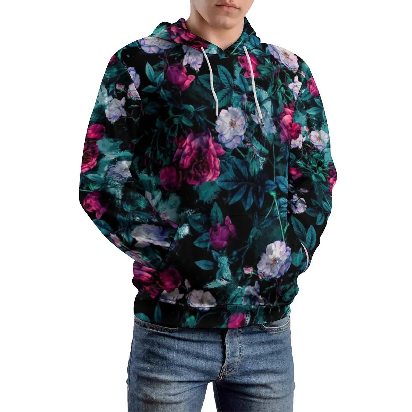 

Roses Print Casual Hoodies Long-Sleeve Floral Abstract Aesthetic Hoodie Winter Street Wear Graphic Oversized Clothing