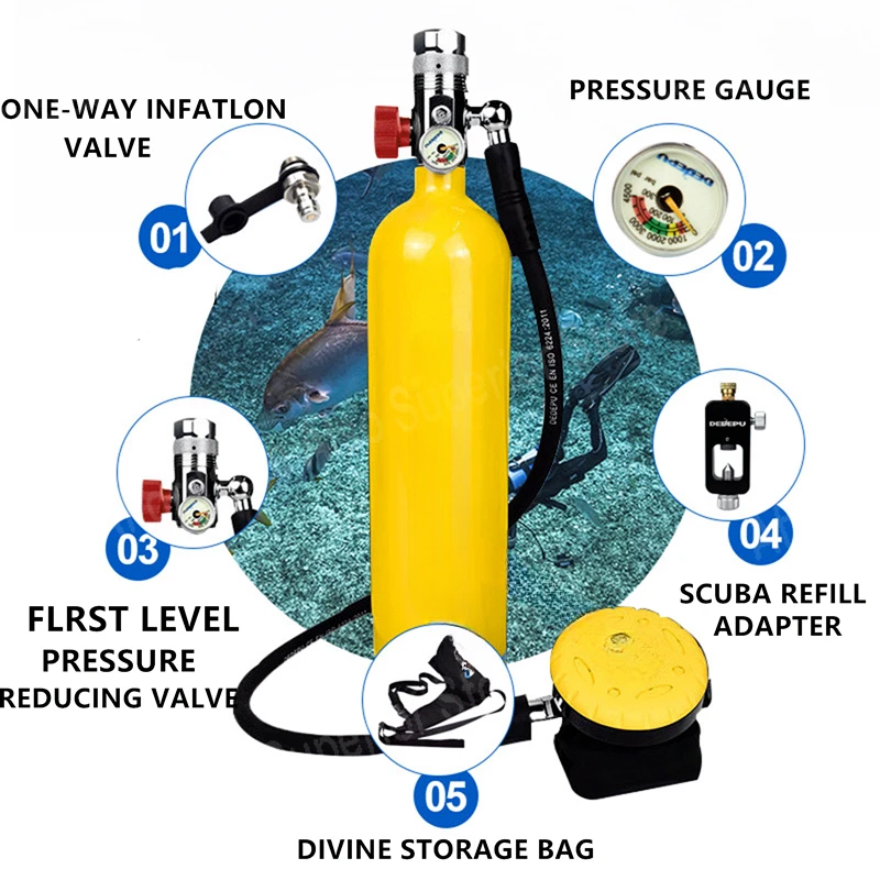 Duikuitrusting Snorkelmasker Duikuitrusting voor duiker Mini Zuurstoftankcilinder Onderwaterademhalingsapparaat 1L