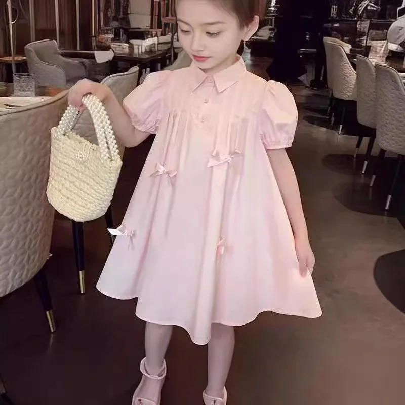 Children Bubble Sleeves Turn-down Collar Sweet Pink Back Bow A-line Dress 2024 Summer New Girl\'s Fashion Casual Dress