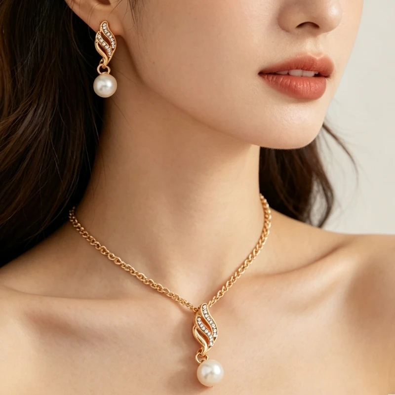 ツイストパールペンダント レディースジュエリーセット ネックレス/イヤリング 模造パールドロップイヤリング フルラインストーントップ レディースネックレス 1