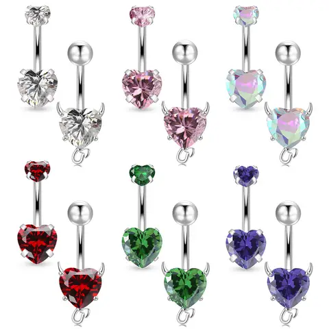 2pcs Heart-Shaped Navel Ring Colorful Zircon 14g Surgical Steel Navel Barbell Used For Women'S Daily Body Piercing And Gift