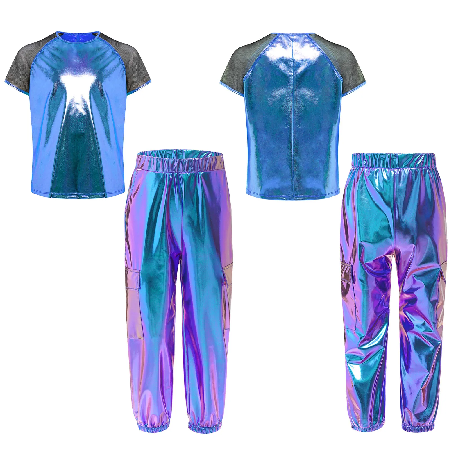 

Kids Boys Girls Shiny Dancewear Hip-Hop Jazz Dance Performance Outfit Sheer Mesh Short Sleeves Metallic T-shirt Blouse+Pants Set
