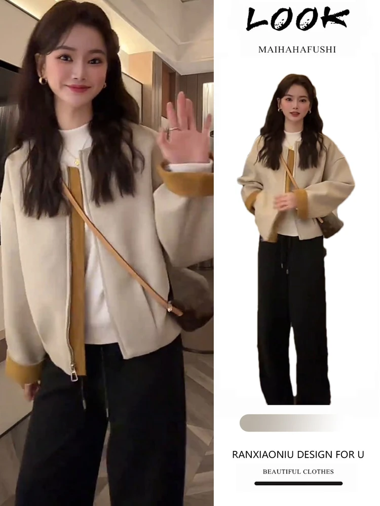 

Женский повседневный модный комплект Ele: осенне-зимнее короткое пальто, базовая футболка, длинные брюки с высокой талией на молнии, защита от морщин, размер для взрослых