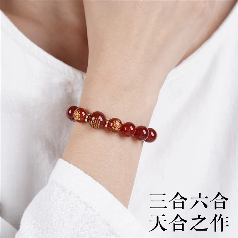Three-in- six-in-one bracelet women, featuring twelve zodiac signs horse, made of red agate and black aga