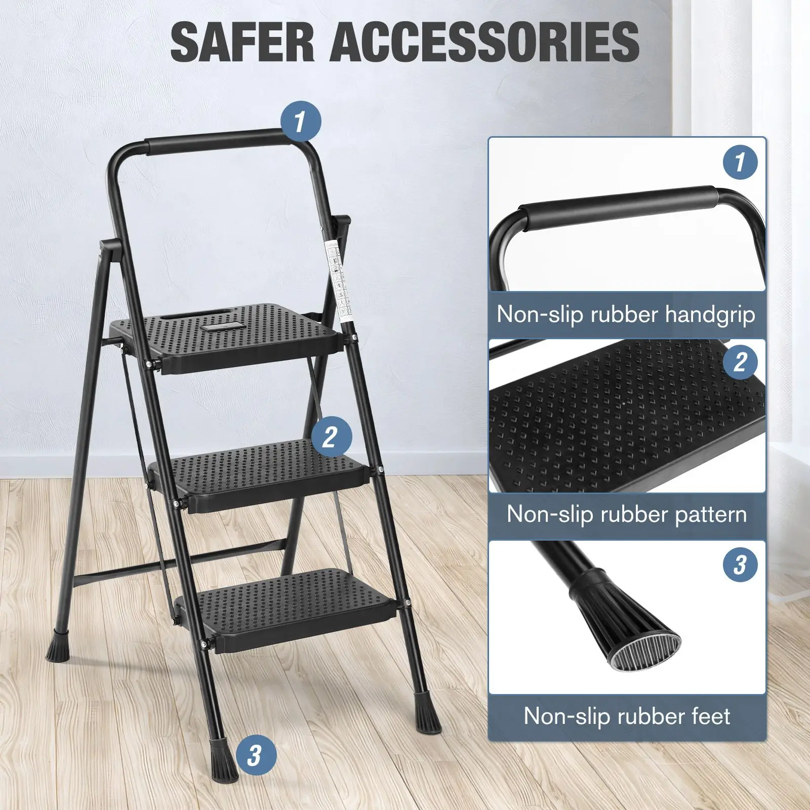 3 Anti-Slip Steps, Quick Folding Steel Ladder Sturdy Metal Support for Home/Office Work, Portable Step Tool