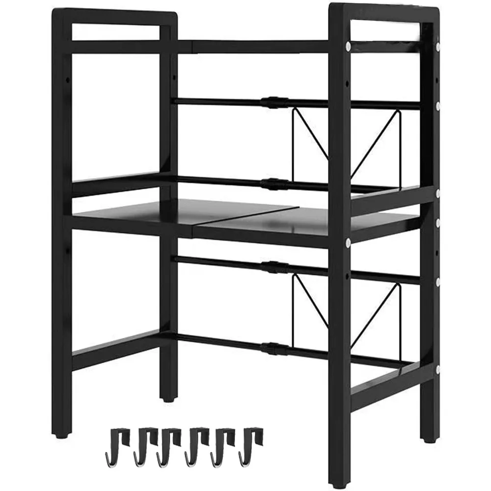 

Expandable Kitchen Microwave Shelf with Adjustable Storage and 6 Hooks