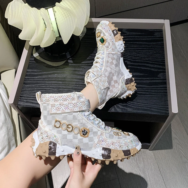 Women High Top Sneakers Printed Fashionable Rhinestone Boots for Lady Mesh Breathable Vulcanized Shoes High Quality Tennis Shoes