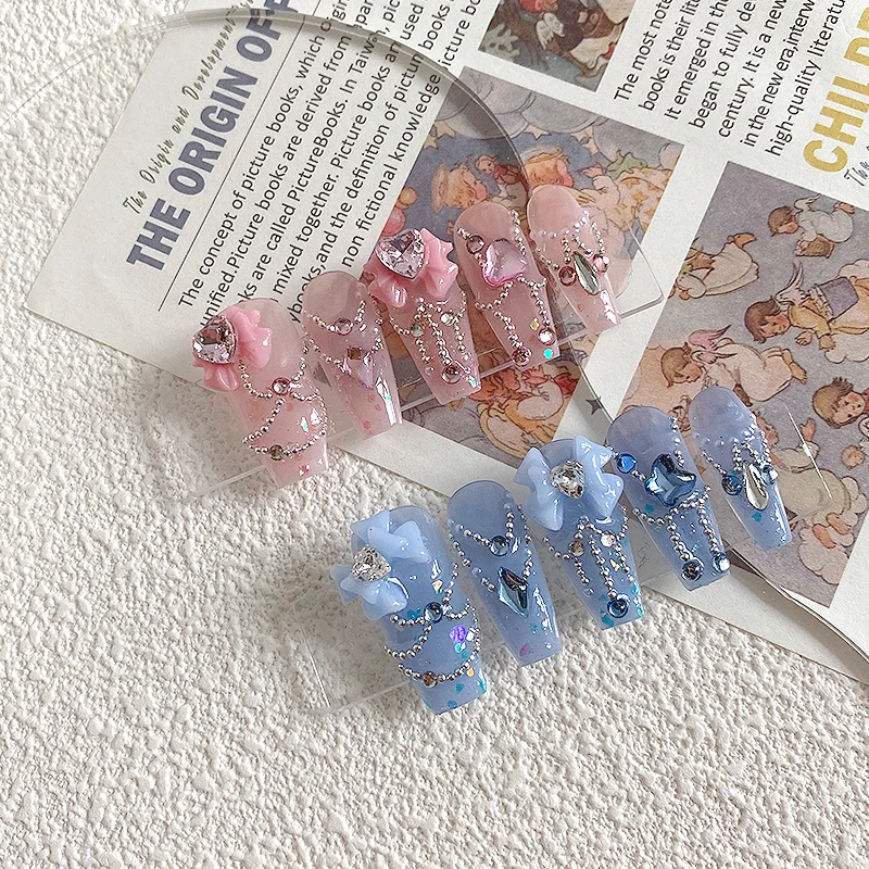 10PCS Handmade Coffin Shaped Nails, Beautiful Fake Nails, Charming Pink and Blue Nail Art, Butterfly, Suitable for Women to Use image 5