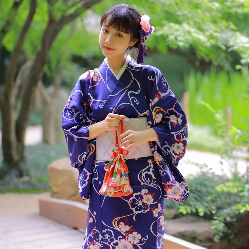 Japanese kimono blue women formal traditional formal version kimono not easy to wrinkle material