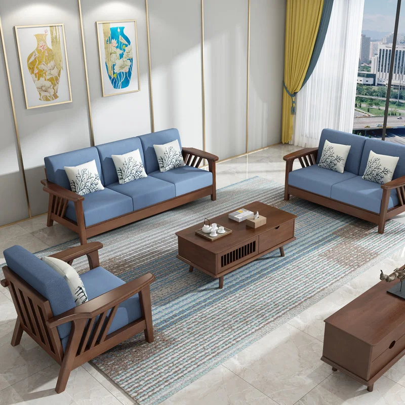 Nordic solid wood sofa living room small apartment modern simple home 123 princess Japanese log color combination sofa
