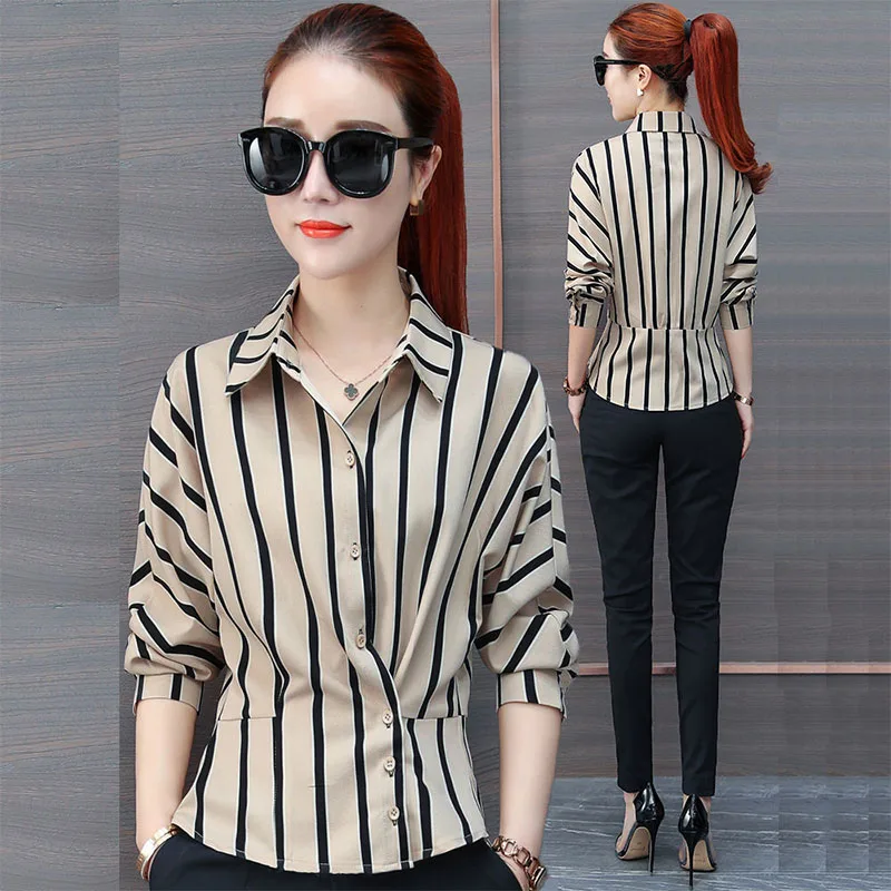 2024 Spring Summer Long Sleeve New Fashion Striped Shirt Asymmetrical Button Elegant Lady Slim Commuter Turn-down Collar Blouses