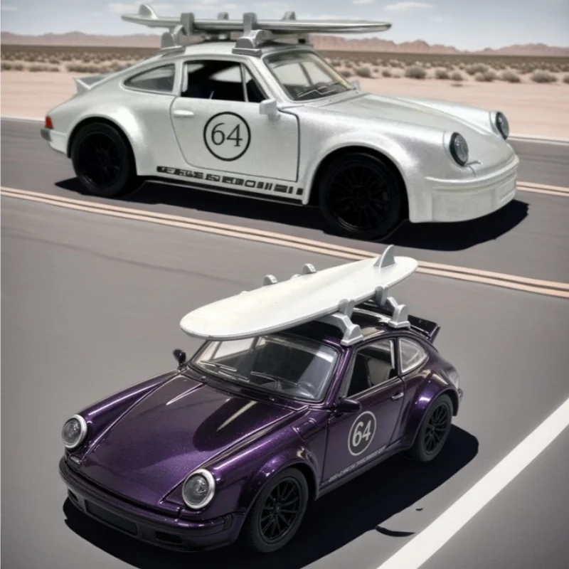 Vintage Alloy Sports Car Model with Detachable Surfboard, Pull Back Car, Open Doors, Collectible Display Decoration, Silver & Pu