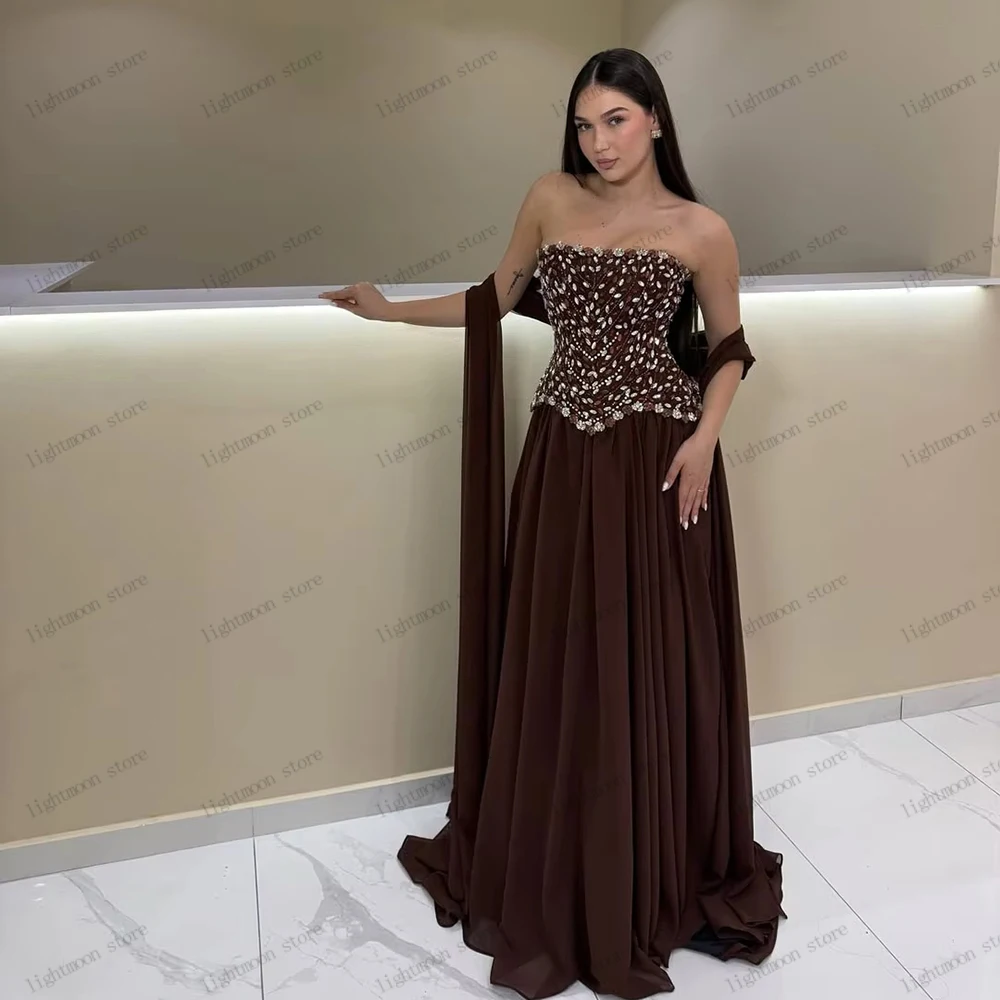 Vintage Abendkleider Einfaches Chiffon-Ballkleid mit Perlenapplikationen Sexy Trägerloses Rückenfreies Kleid Maßgeschneiderte Vestidos De Noche