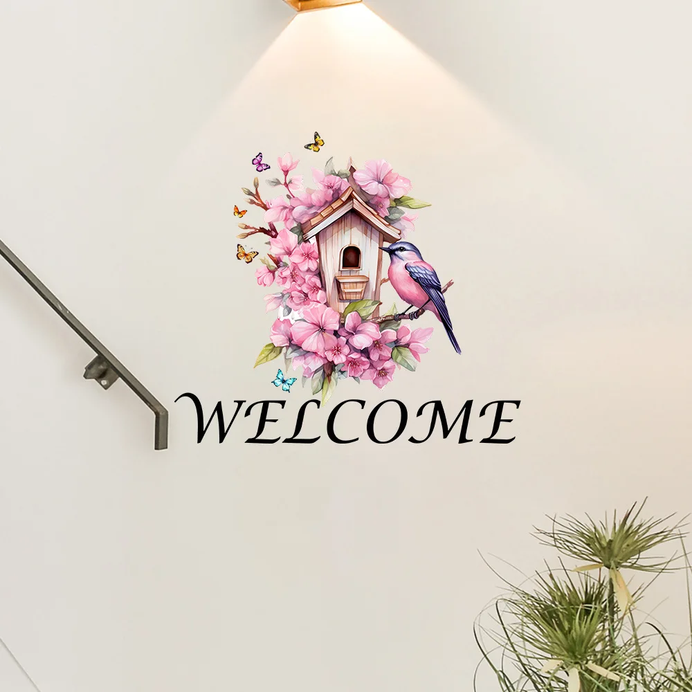 1pcs Painted Creative Bird House Welcome Slogan Home Door Stickers Decorative Wall Stickers
