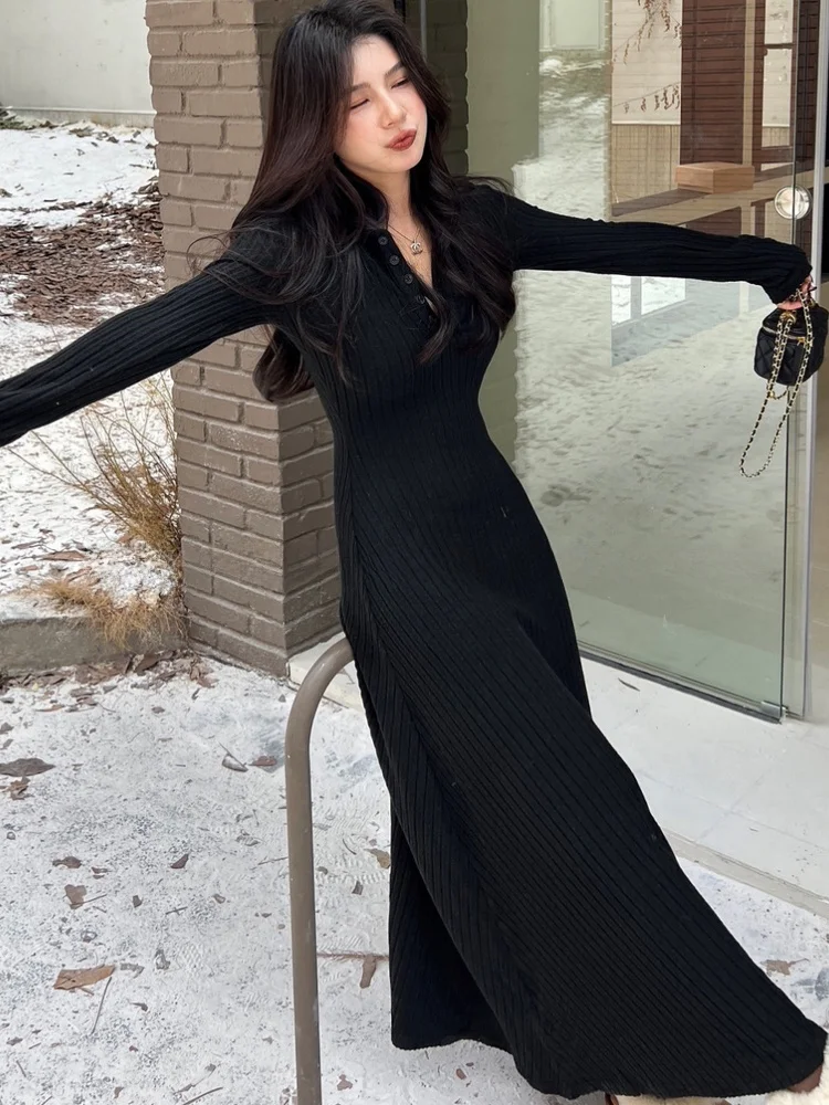 Hebe Style Knitted Knee-Length Dress Women's Autumn Winter New Model Slimming Base Layer Coat Matching Wrap around Skirt