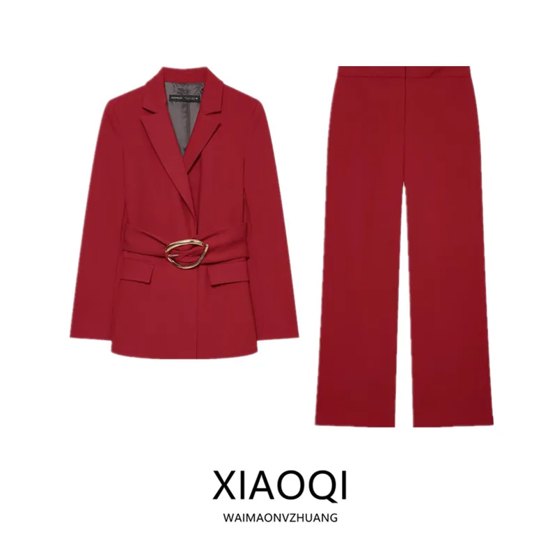 New 2026 Autumn Women's Long Sleeve Notch Collar Padded Shoulder Belted Waist Suit Jacket Fashionable Elegant Professional