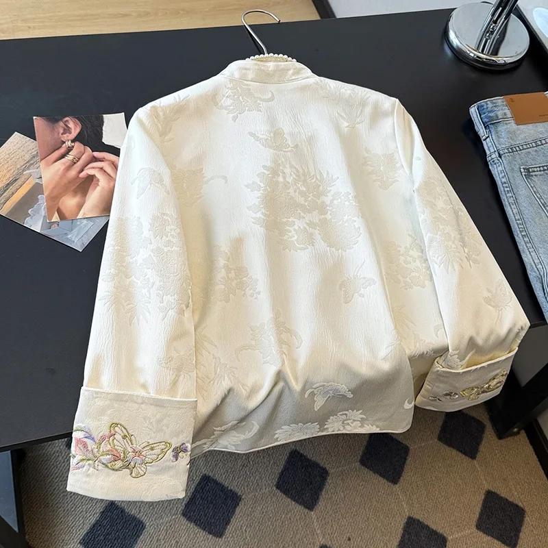 New Chinese Style Women's Jacket 2026 New High-End Embroidery Button Stand Collar Top Composite Fabric Long Sleeve Daily Wear