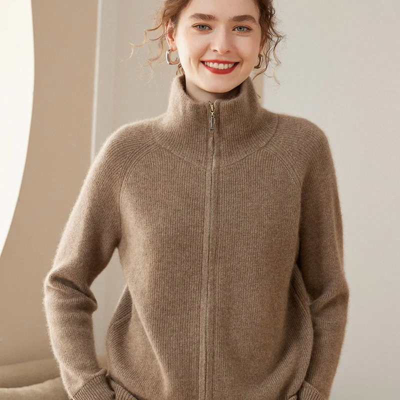 BirdTree, 35% Cashmere 65% Wool Soft Cardigans, Women Turtleneck Zipper, Casual Warm Knit Sweater, 2024 Autumn Winter T49121QC