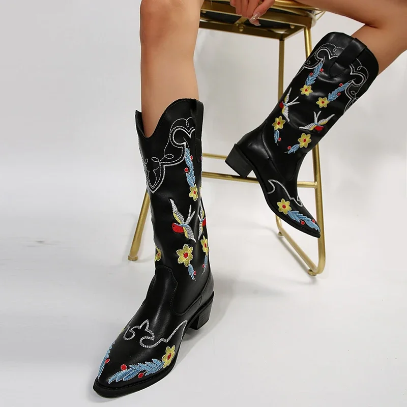 Colorful Embroidery Cowboy Boots for Women Pointed Toe Chunky Heels Women\'s Western Boots Retro PU Leather Knee High Botas Mujer