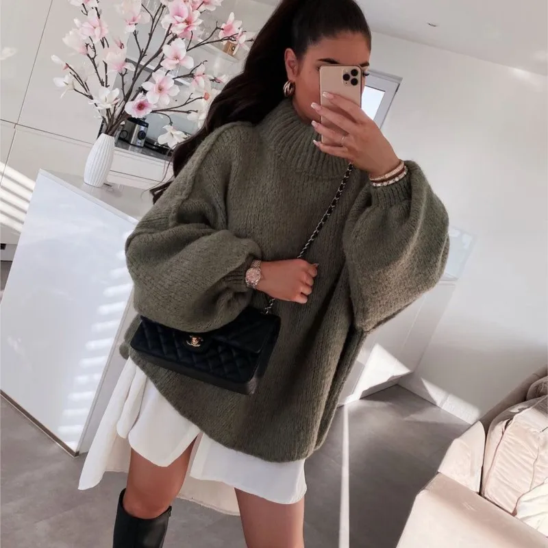 Commuter Fashion Nuovo maglione invernale Tinta unita Collo mezzo alto Pullover lavorato a maglia oversize Maglione spesso allentato per abiti da donna