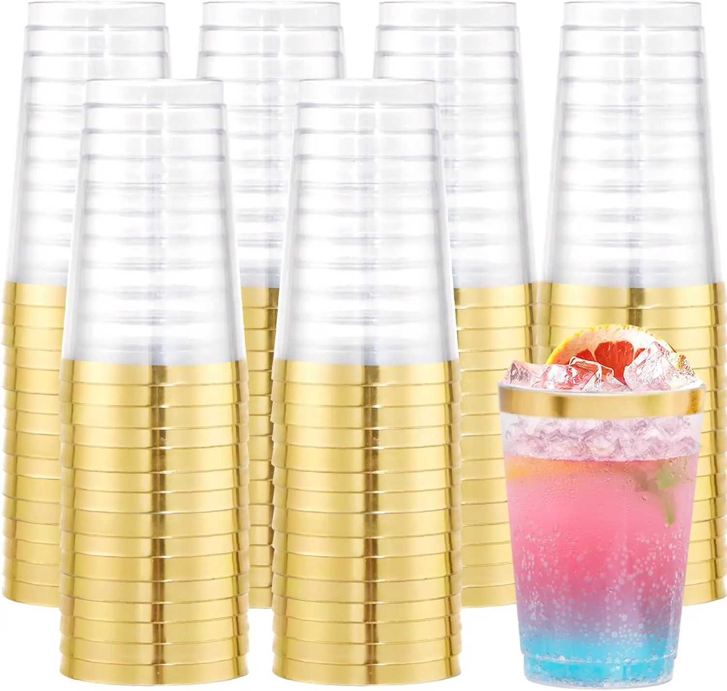 

200pcs 12oz Gold Plastic Cups,Disposabe Cup For Party,Plastic Cocktail Glasses, Clear Tumblers with Gold,Wedding Cups D