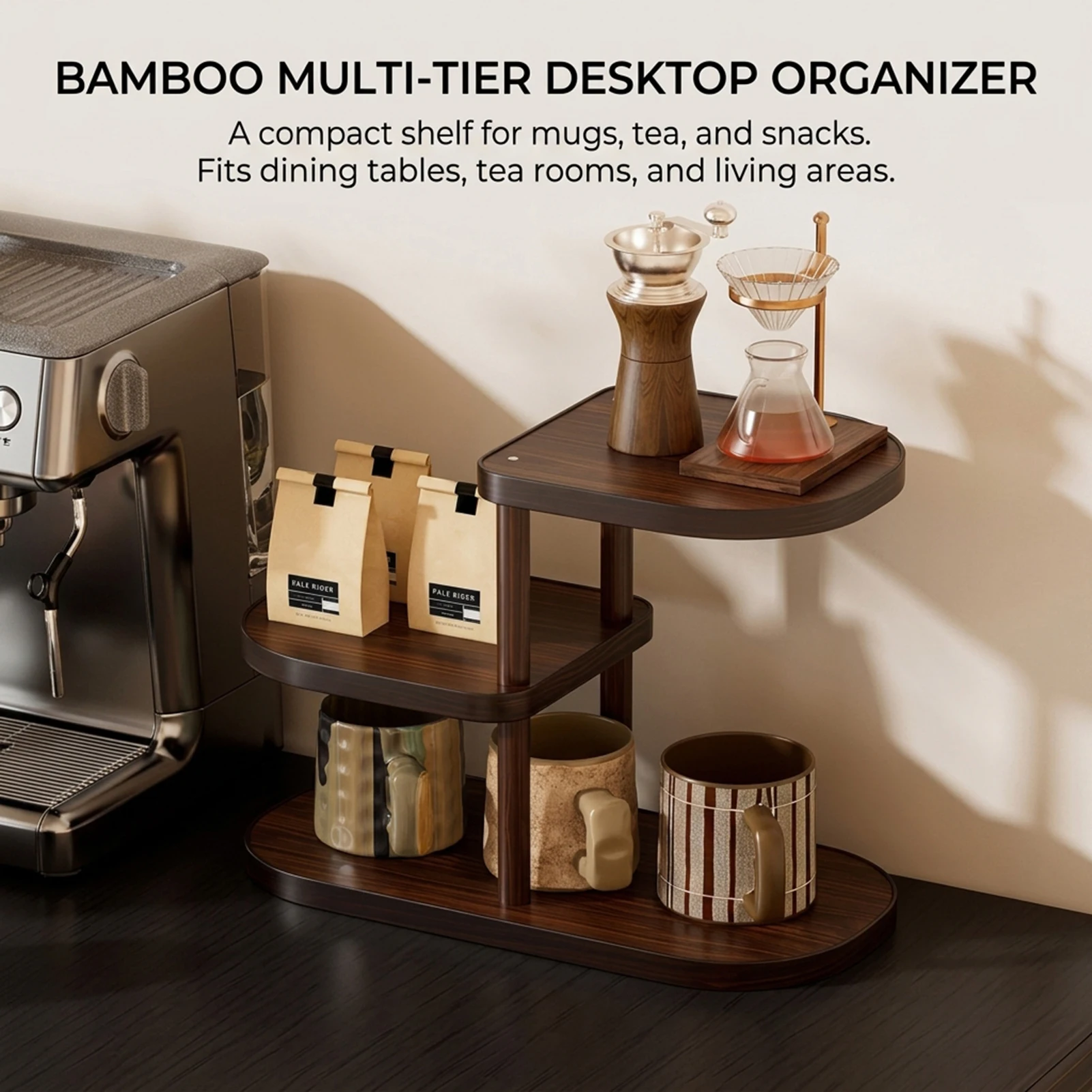 Cup Rack Organizer Natural Bamboo Multi Tier Storage Shelf Space Saving for Tea Room Kitchen Countertop Coffee Table Desk