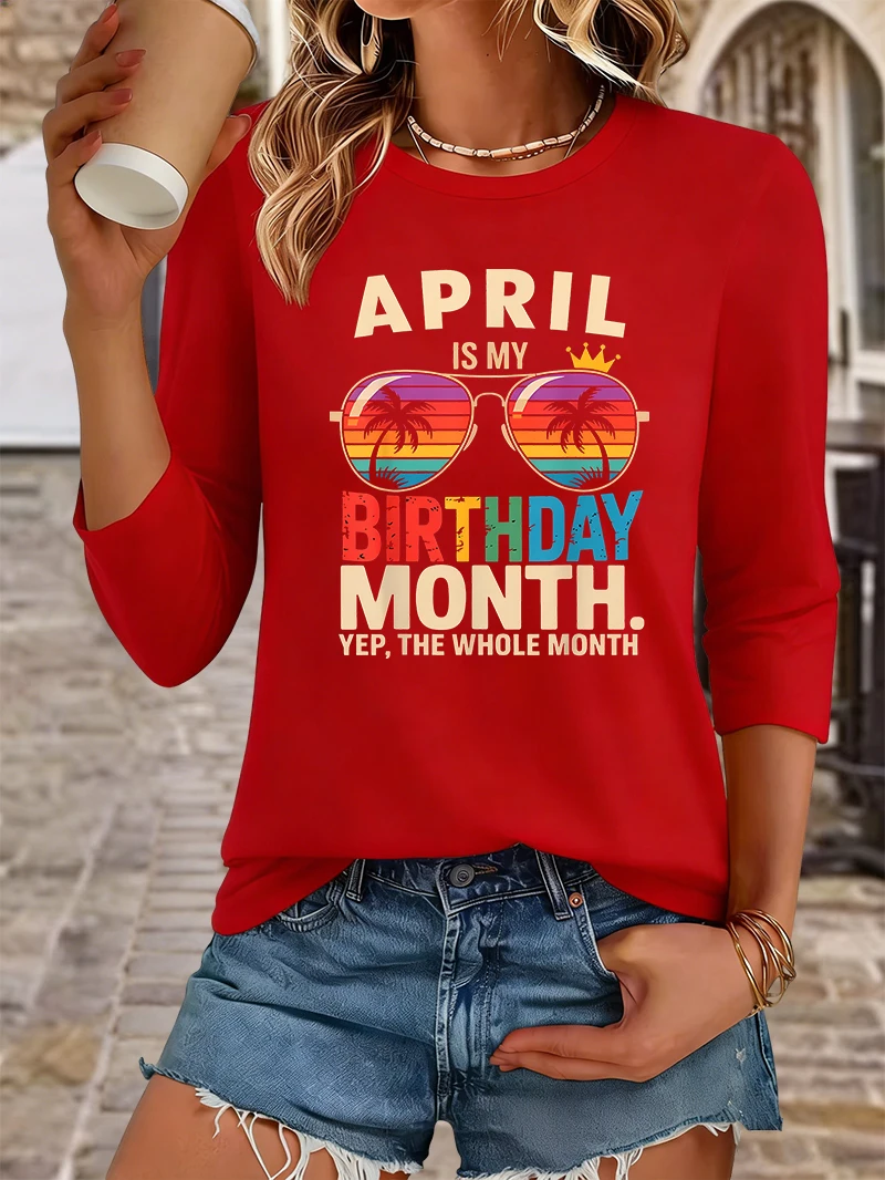 Women's Summer Crew Neck 3/4 Sleeve T-Shirt, April Is My Birthday Month Sunglasses Palm Tree Print, Casual Birthday Vacation Top