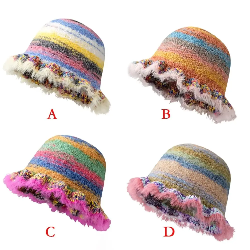 Fashion Retro Rainbow Knitted Hat Plush Gradient Striped Ladies Knitted Hat Ruffle Warmth Oil Painting Colour Hat Autumn Winter