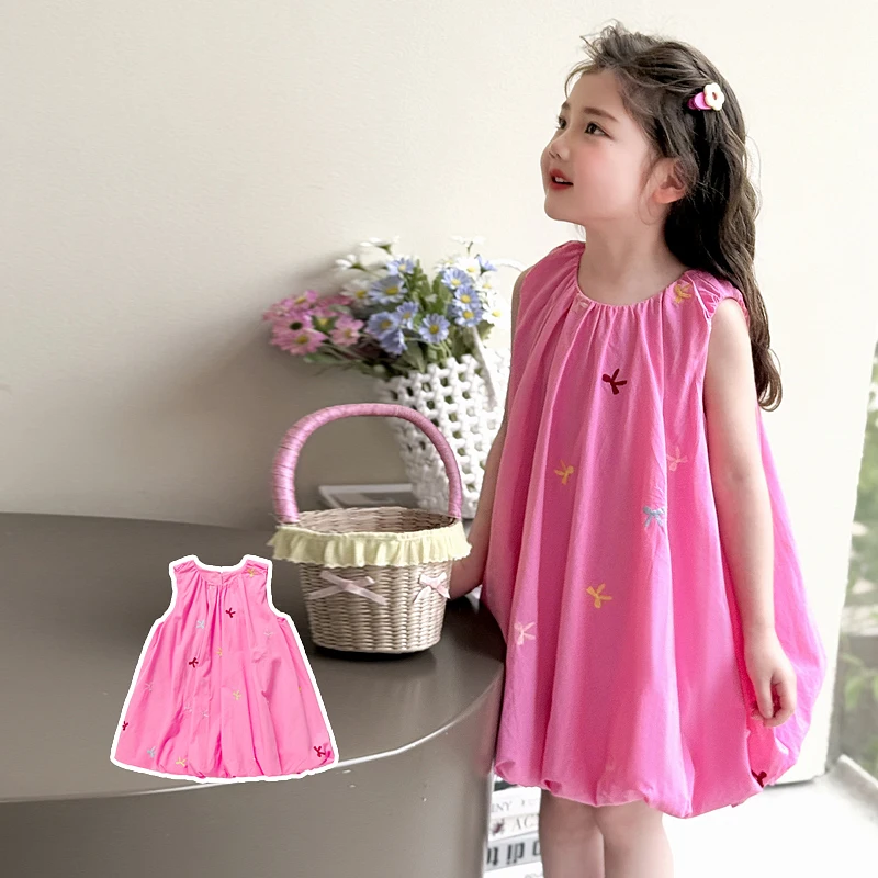 

New Little Girls Dress Kids Classic Balloon Dress With Bow Embroidery Design Child Sleeveless Mini Dress Toddler Girls Size 2-9Y