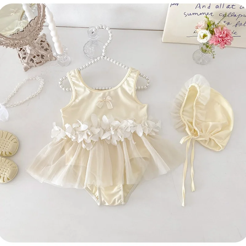 2026 Summer 0-3Y Baby Girls Sling One Piece Swimsuit With Swim Hat Mesh Ruffle Kids Swimwear Thin Toddler Princess Bathing Suit