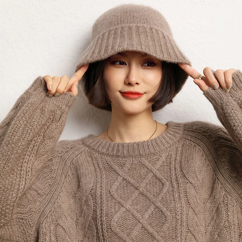 

Кашемировая шапка-бини женская, осенне-зимняя, теплая, вязаная, в корейском стиле, простая, однотонная, с ушками, для холодной погоды, MZ-104