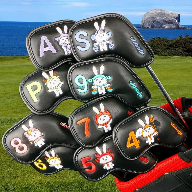 PU Couro Golf Driver Cover, Golf Ferros Cover, Embroidery Bunny Headcover, Head Protector, Acessório Golf, 9pcs