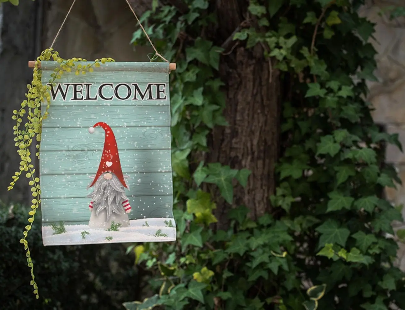 Welcome Christmas Gnome Welcome Garden Flags Double Sided Winter Snow Field Green Grass Wood Plank Yard Flag 12.5x18 Inch Burlap