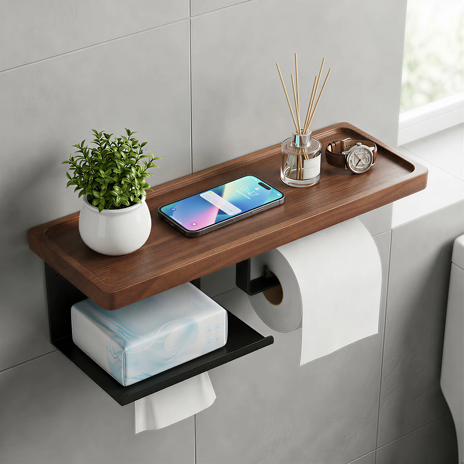 Toilet Paper Holder Wide Wood with Shelf Wall Mount Tissue Roll Holder Bathroom Storage Rack Organizer Shelves