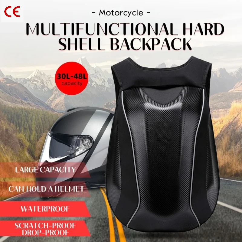 

48LMotorcycle Hard Shell Backpack, Carbon Fiber Texture, Waterproof Reflective Large Capacity Bag for Full Helmet Protection Use