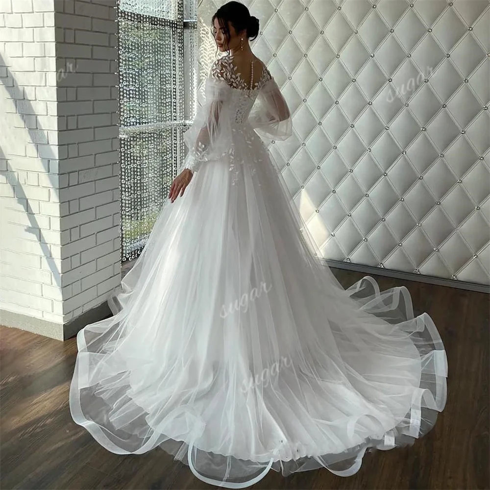 Precioso vestido de novia de manga larga de encaje para mujer, vestido de novia de tul, una línea, cuello en V, botón trasero