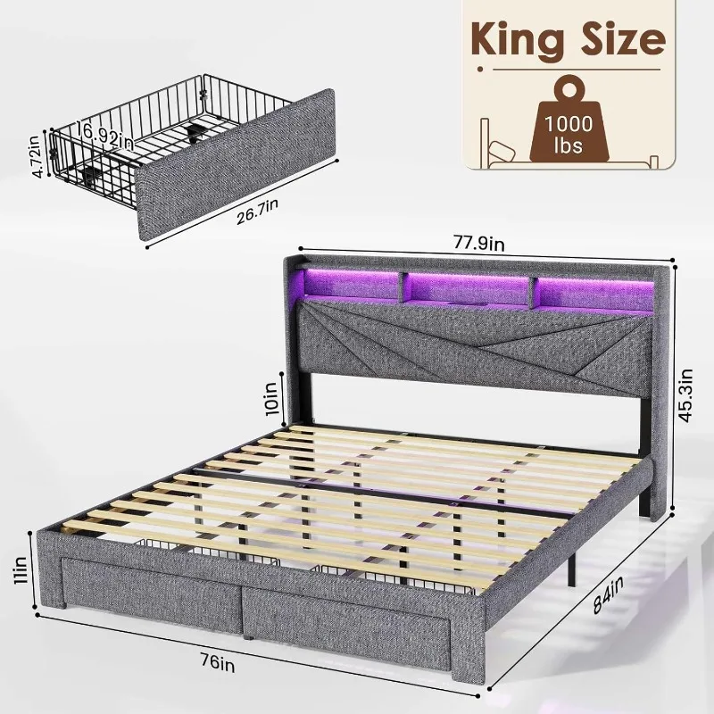 LED King Size Bed Frame with 2 Storage Drawers, Upholstered King Bed Frame with Headboard and Charging Station