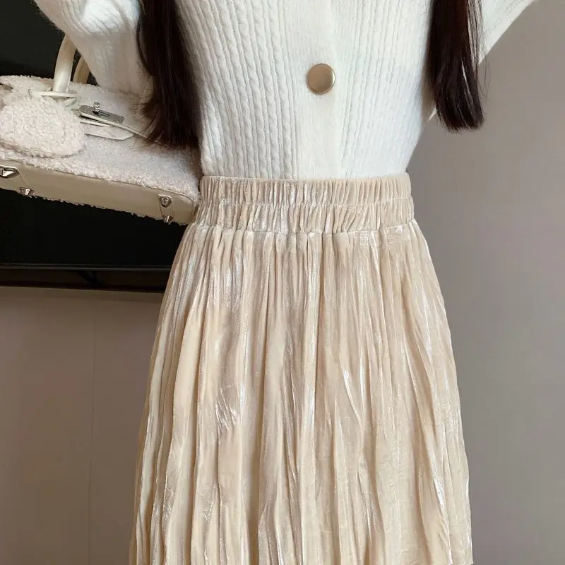 Velvet Skirts Women Solid Autumn Winter Thick Warm Elegant Long Skirt Korean Fashion Vintage Sweet Faldas Mujer