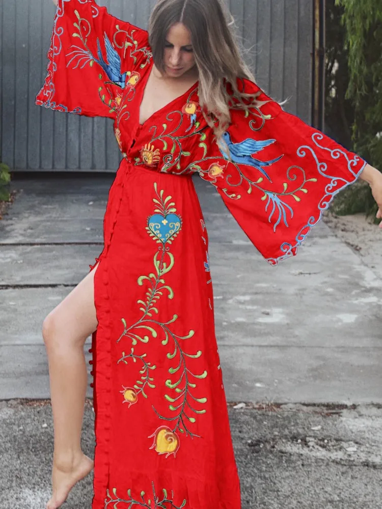 Floral Embroidered Women Maxi Dress Oversize V-Neck Batwing Sleeve Summer Dresses Drawstring Waist Boho Beach Vestidos 2025