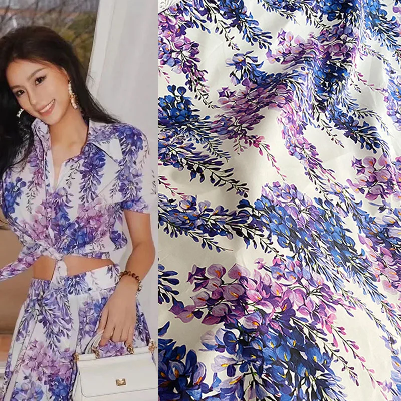 140cm Width Fashion Wisteria Flower Printed Cotton Fabric For Women Dress Blouse Stoffa Tuch Ткань Tela Tessuto DIY Cloth Sewing