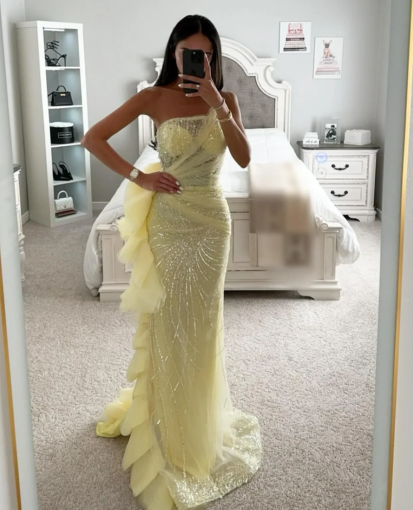 Customized Stunning Yellow Mermaid Prom Dress Crystal Strapless Evening Dresses Elegant Side Ruffle Formal Dresses for Women