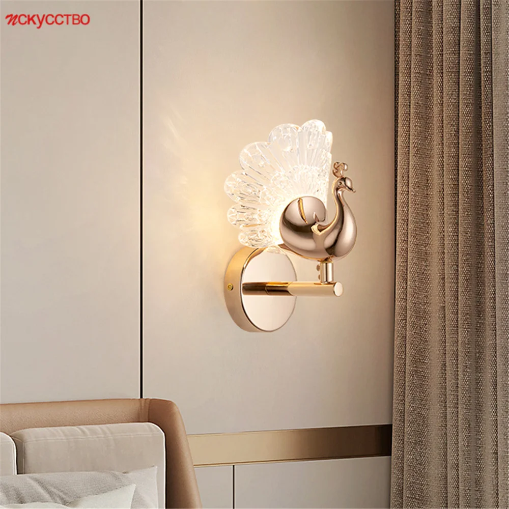 

Nordic Modern Acrylic Metal Peacock Gold Led Wall Lamp For Living Room Bedroom Bedside Aisle Hallway Sconces Home Deco Lights