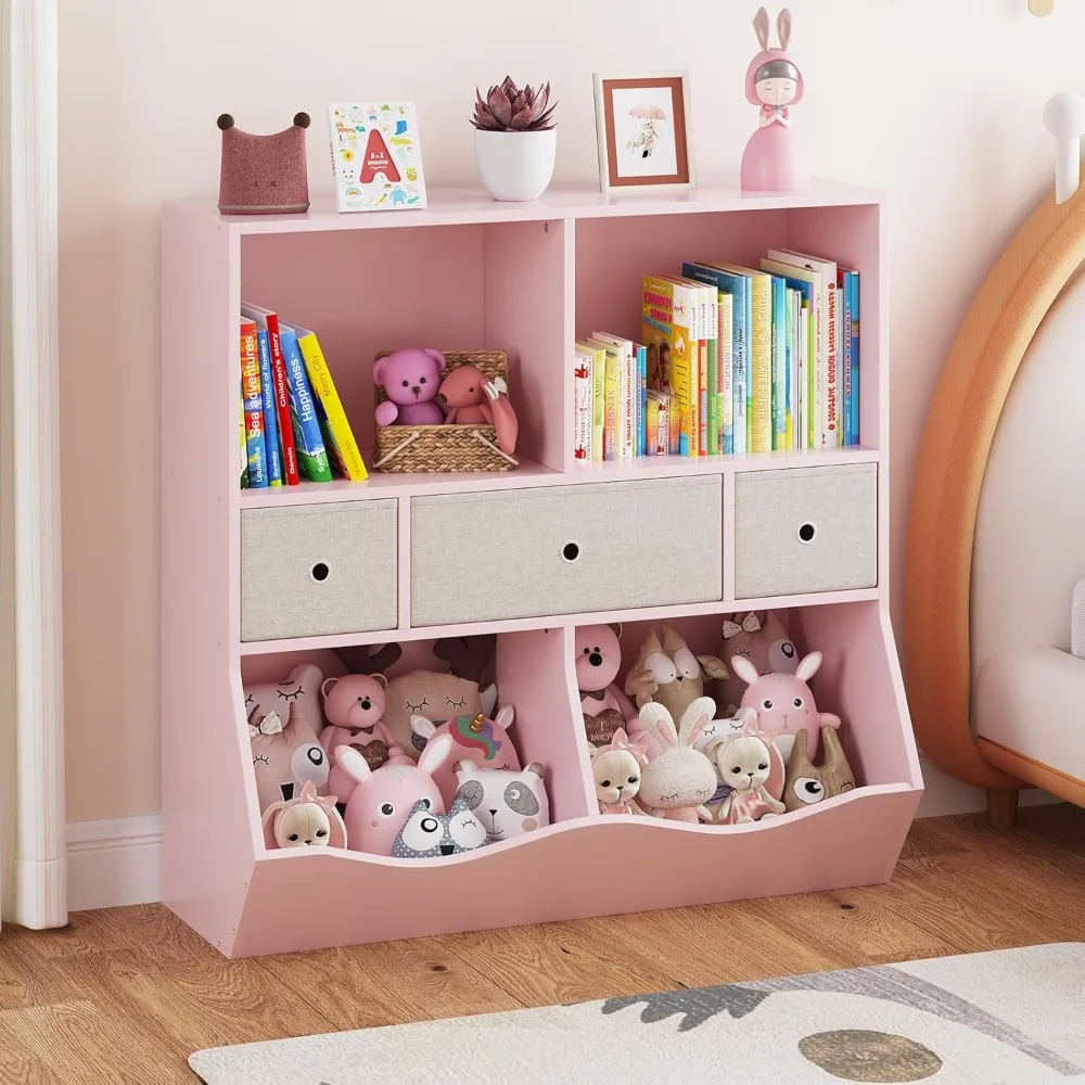 

Kids Toy Storage Organizer with 3 Movable Drawers, 3 Tier Children Bookcase and Bookshelf, Toddler 7 Cubby Toy Storage Cabinet