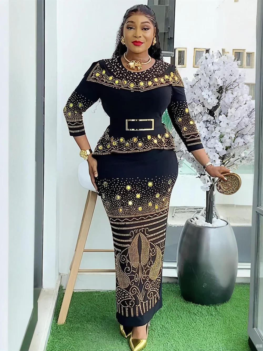 

Plus Size African Party Dresses for Women Dashiki Diamond Bodycon Maxi Long Dress Elegant Turkey Muslim Wedding Evening Gown