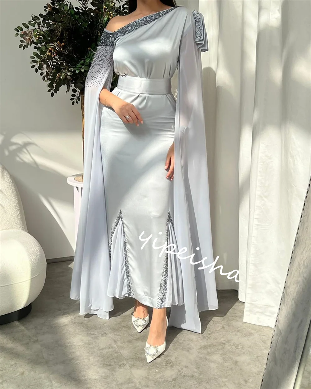 Customized  Ball Satin Ruffle Wedding Party A-line One-shoulder Bespoke Occasion Gown Midi Es