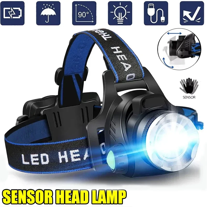 Ultra-bright Sensor Industrial Headlamp Portable LED Headlight Zoomable Waterproof Camping Light Powered By 2x18650 Batteries