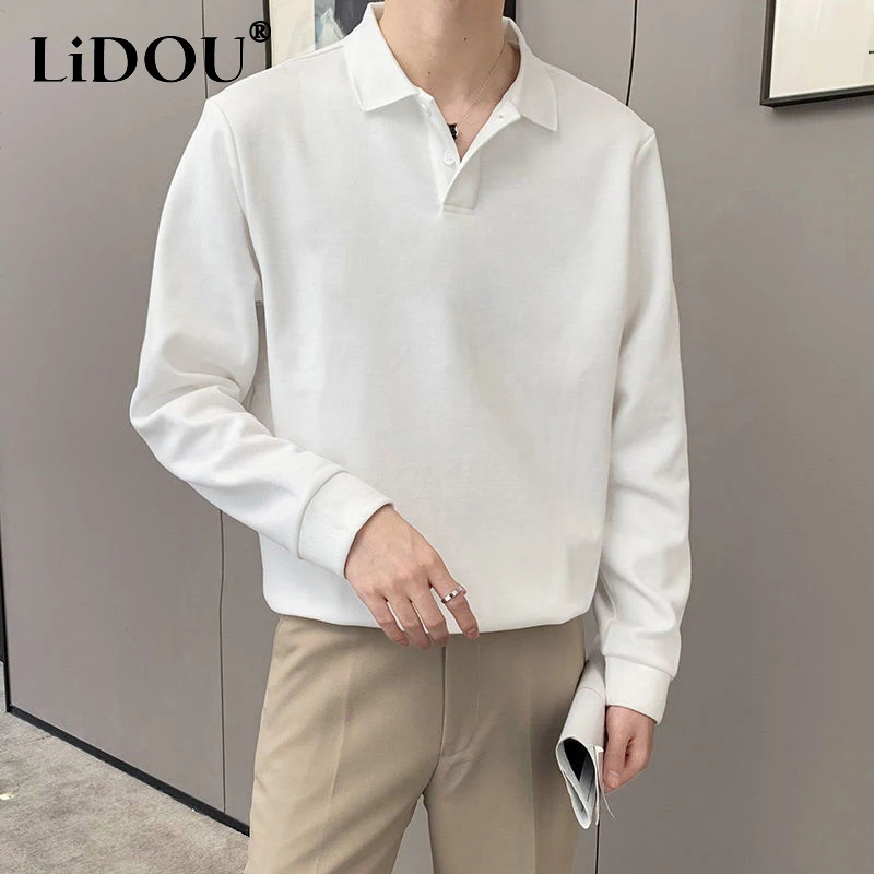 Spring Autumn Korean Casual Fashion solid color Polo T-shirts man Ropa Hombre Long Sleeve Loose Button Tops All Match Streetwear